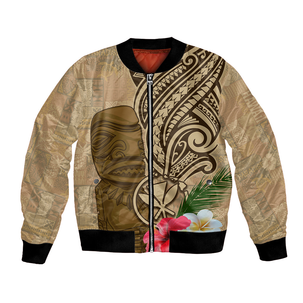 Hawaii Kanaloa Tiki Bomber Jacket Polynesian Tattoo and Tapa Pattern LT03 Unisex Beige - Polynesian Pride