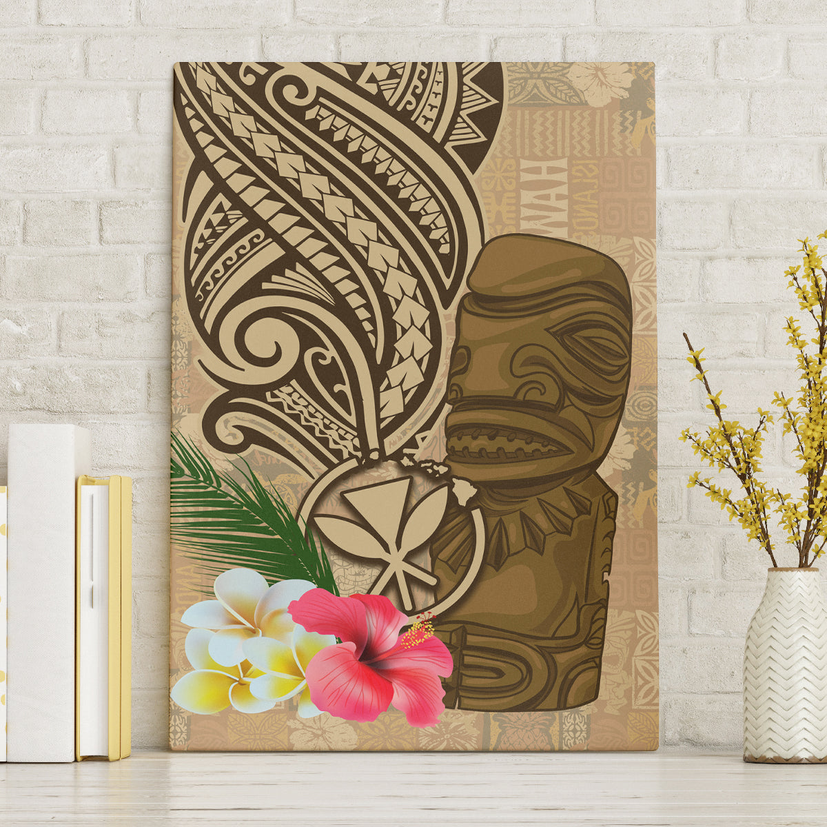 Hawaii Kanaloa Tiki Canvas Wall Art Polynesian Tattoo and Tapa Pattern LT03 Without Frame Beige - Polynesian Pride