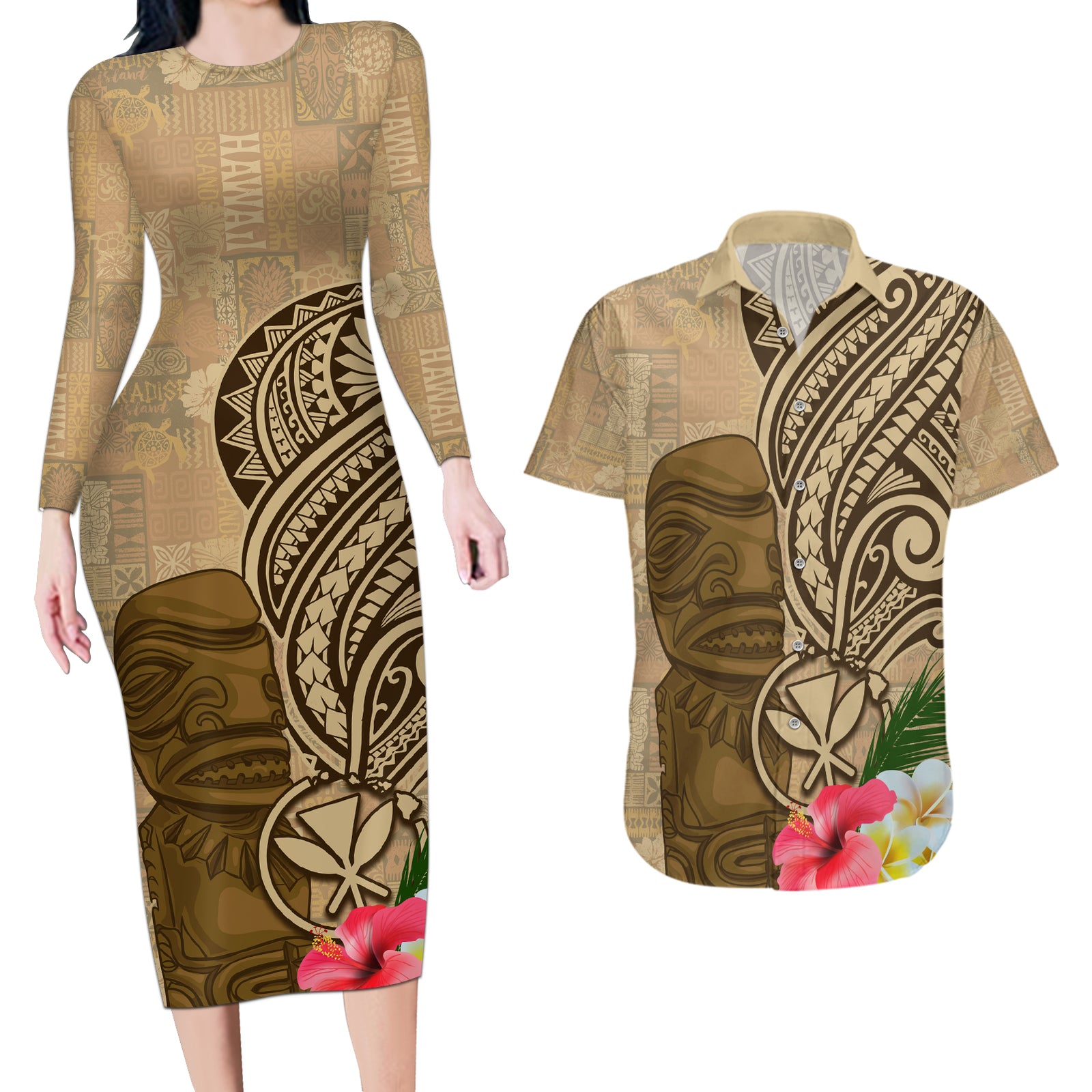 Hawaii Kanaloa Tiki Couples Matching Long Sleeve Bodycon Dress and Hawaiian Shirt Polynesian Tattoo and Tapa Pattern LT03 Beige - Polynesian Pride