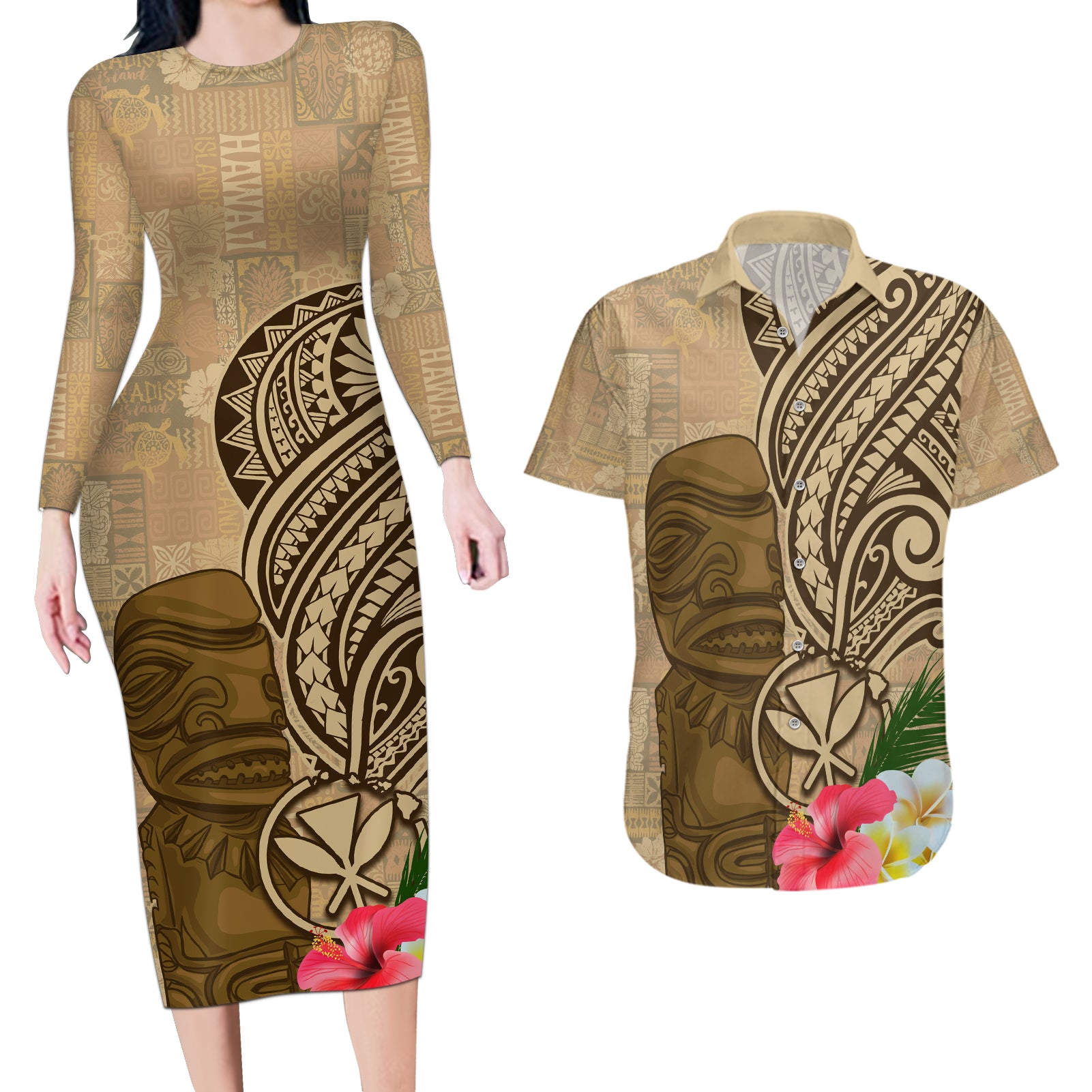 Hawaii Kanaloa Tiki Couples Matching Long Sleeve Bodycon Dress and Hawaiian Shirt Polynesian Tattoo and Tapa Pattern