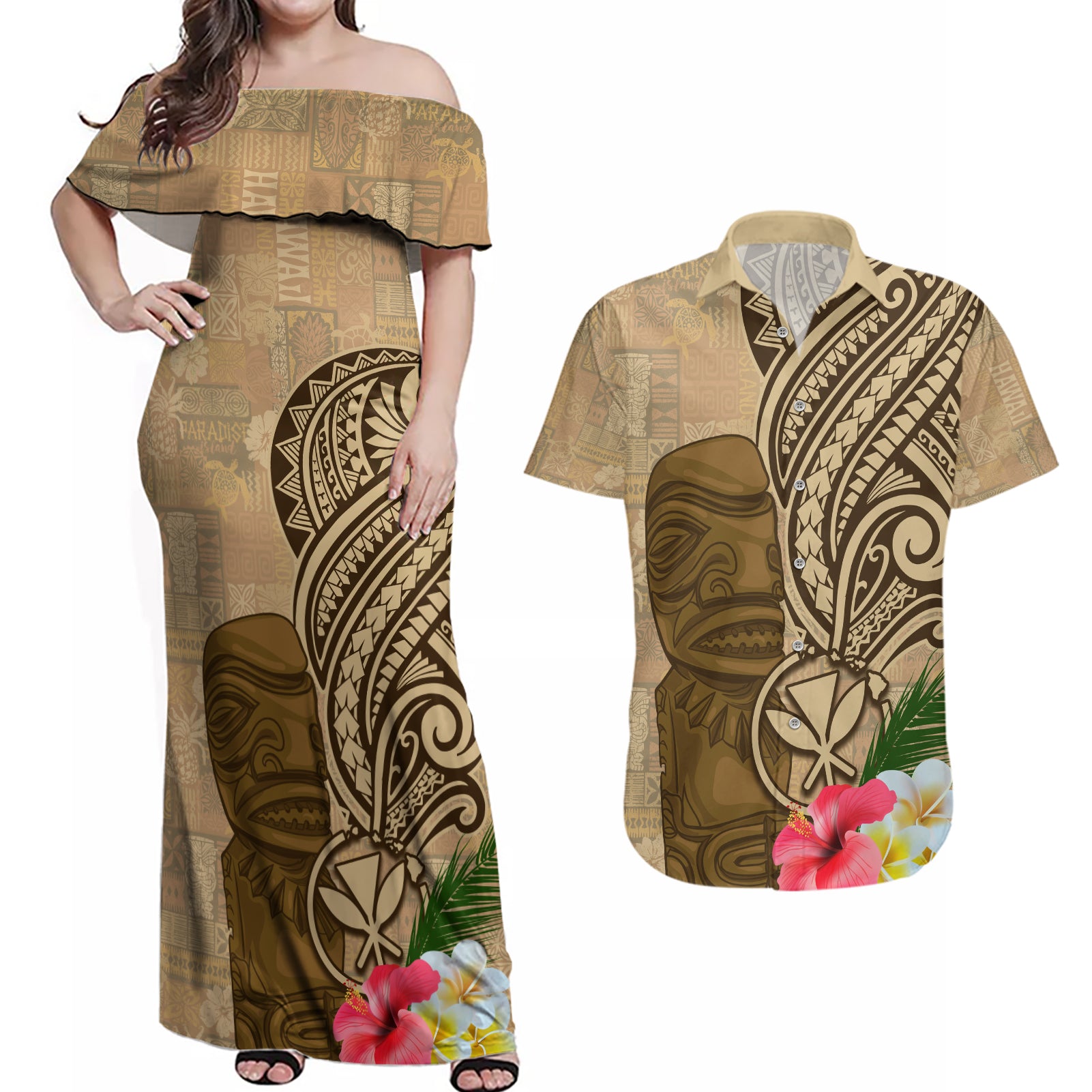 Hawaii Kanaloa Tiki Couples Matching Off Shoulder Maxi Dress and Hawaiian Shirt Polynesian Tattoo and Tapa Pattern