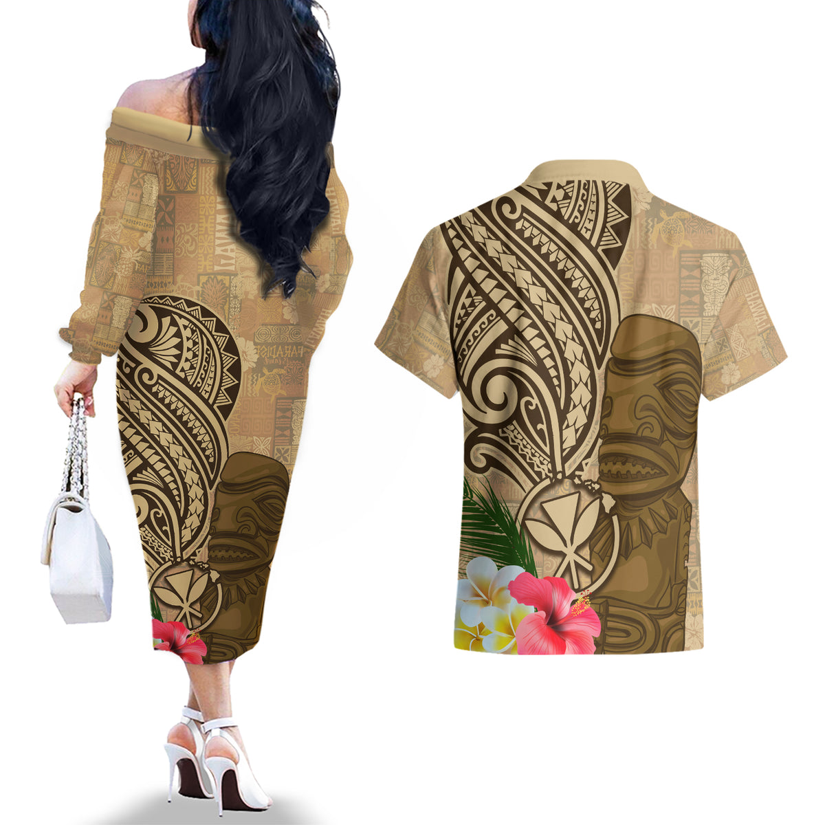 Hawaii Kanaloa Tiki Couples Matching Off The Shoulder Long Sleeve Dress and Hawaiian Shirt Polynesian Tattoo and Tapa Pattern