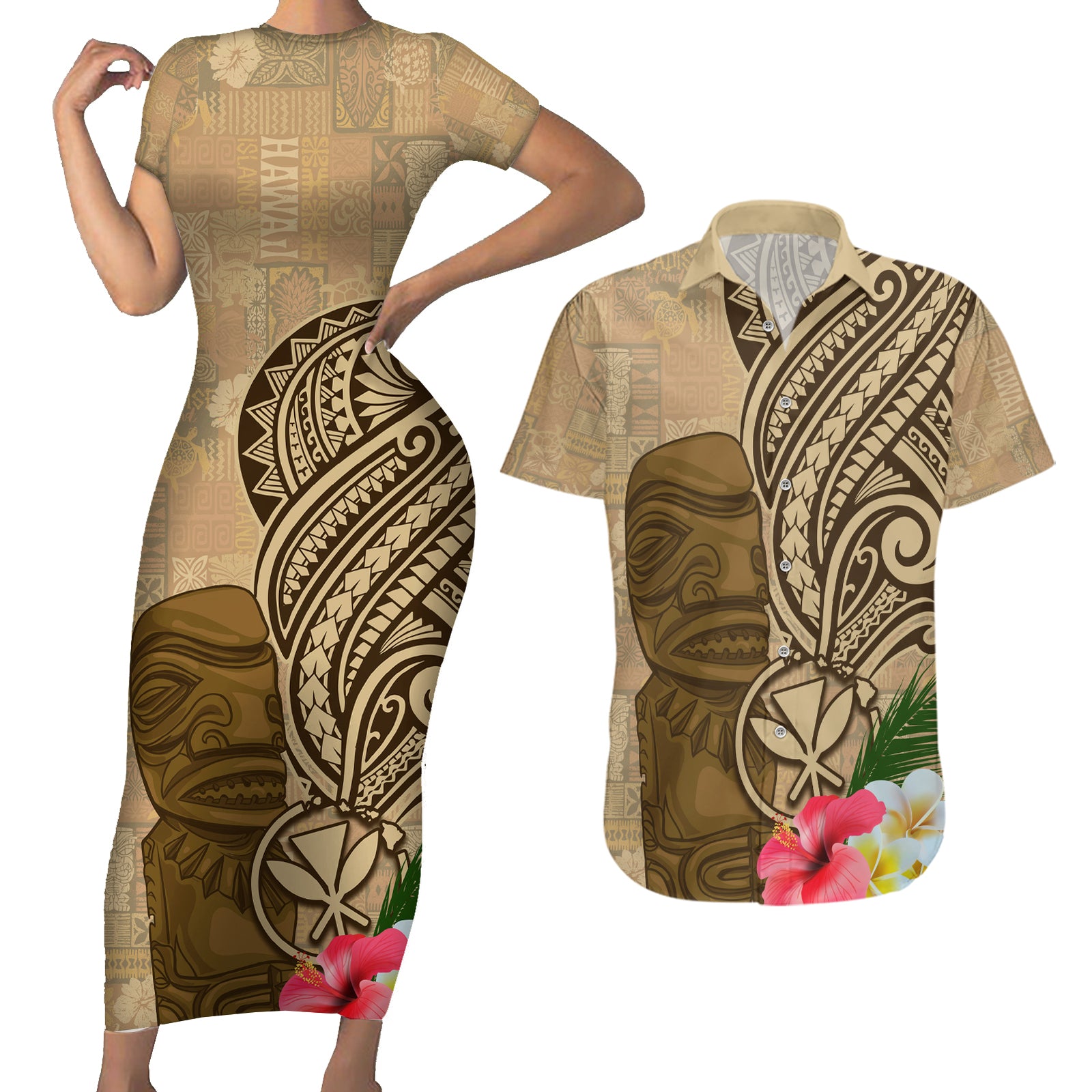 Hawaii Kanaloa Tiki Couples Matching Short Sleeve Bodycon Dress and Hawaiian Shirt Polynesian Tattoo and Tapa Pattern LT03 Beige - Polynesian Pride
