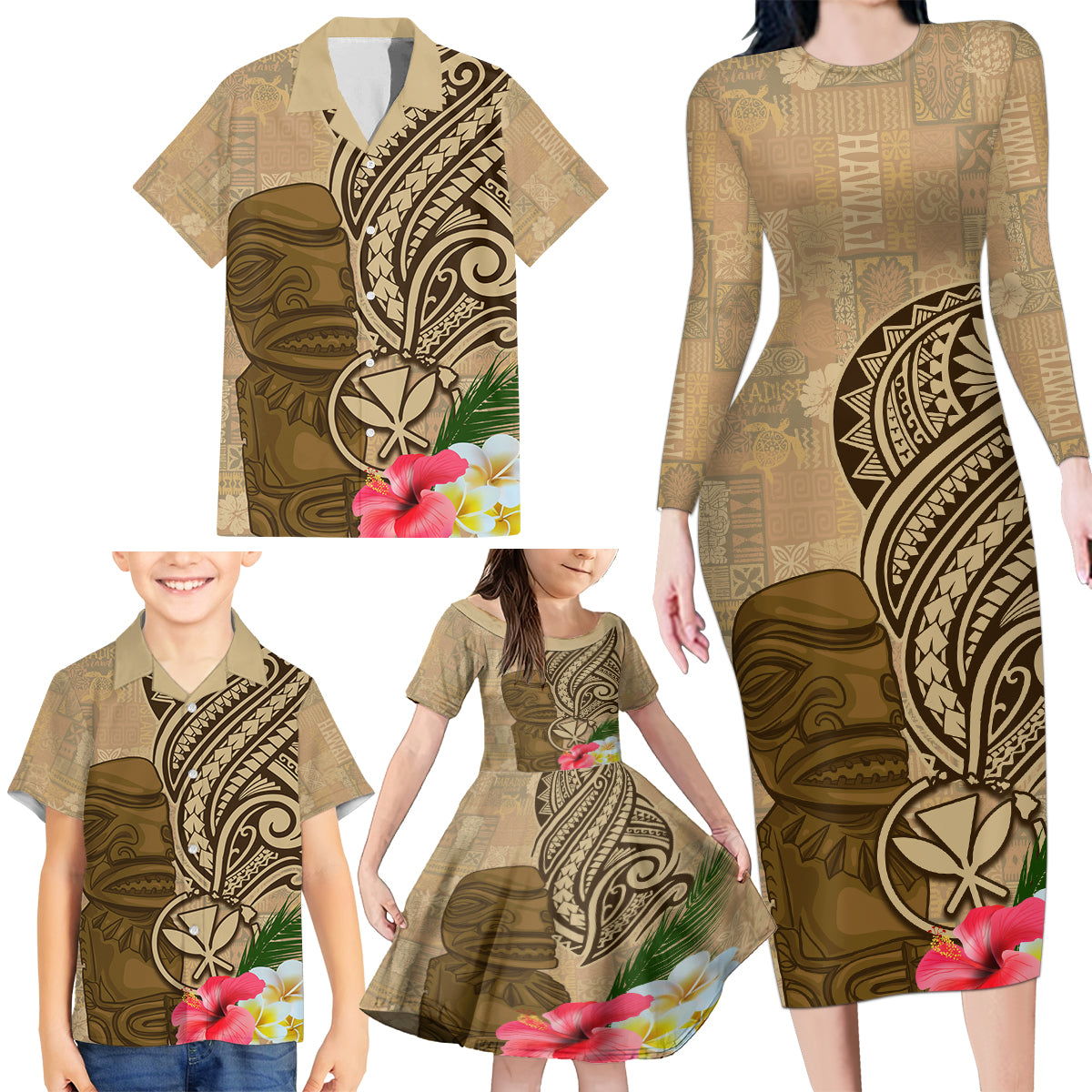 Hawaii Kanaloa Tiki Family Matching Long Sleeve Bodycon Dress and Hawaiian Shirt Polynesian Tattoo and Tapa Pattern