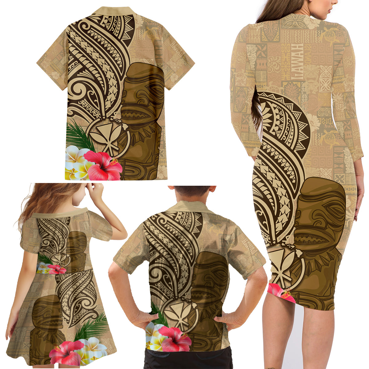 Hawaii Kanaloa Tiki Family Matching Long Sleeve Bodycon Dress and Hawaiian Shirt Polynesian Tattoo and Tapa Pattern
