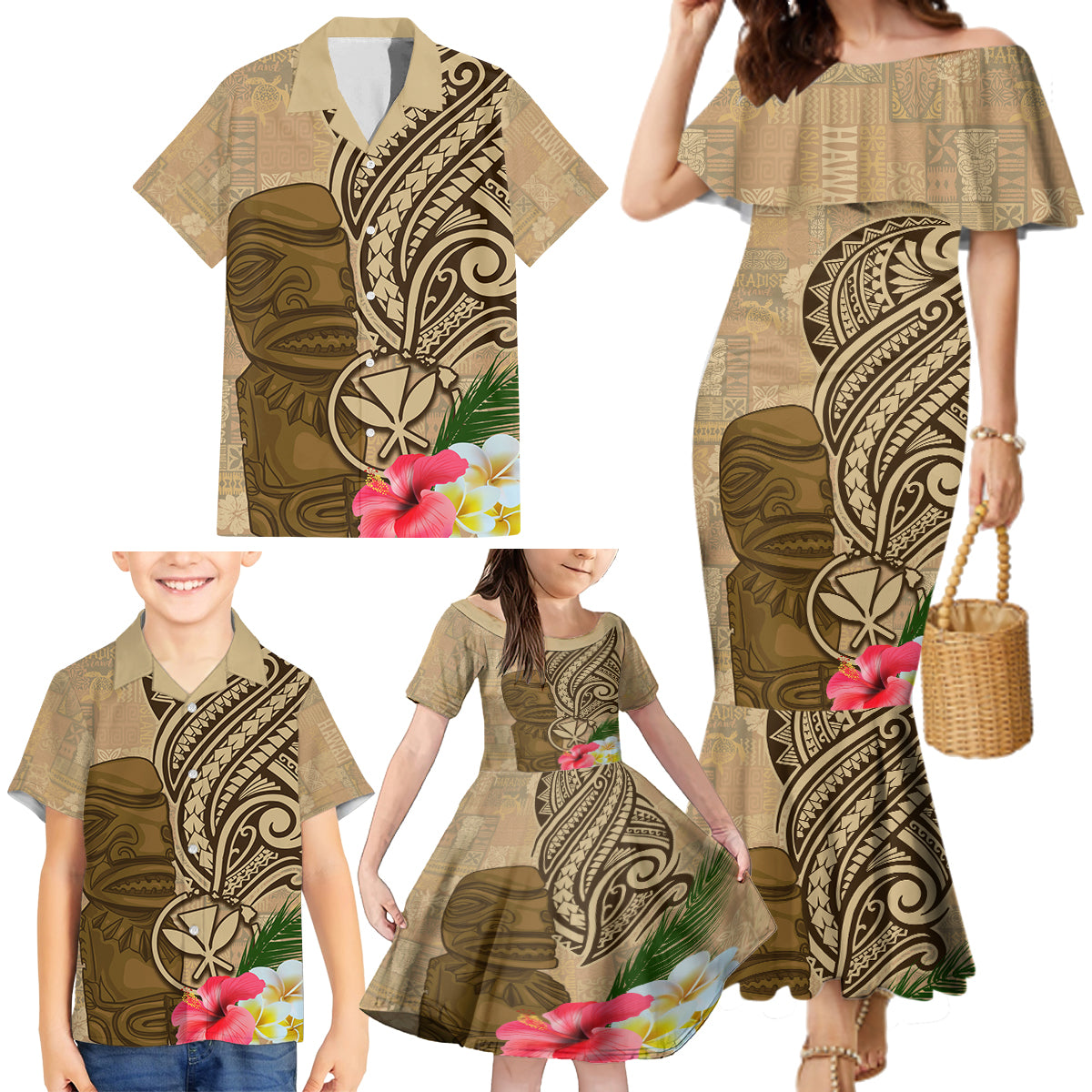 Hawaii Kanaloa Tiki Family Matching Mermaid Dress and Hawaiian Shirt Polynesian Tattoo and Tapa Pattern