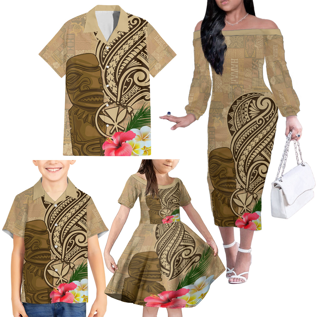 Hawaii Kanaloa Tiki Family Matching Off The Shoulder Long Sleeve Dress and Hawaiian Shirt Polynesian Tattoo and Tapa Pattern