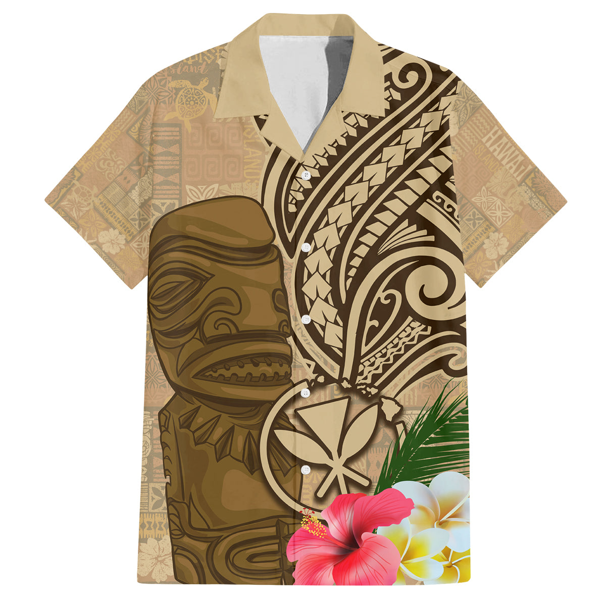 Hawaii Kanaloa Tiki Family Matching Off The Shoulder Long Sleeve Dress and Hawaiian Shirt Polynesian Tattoo and Tapa Pattern
