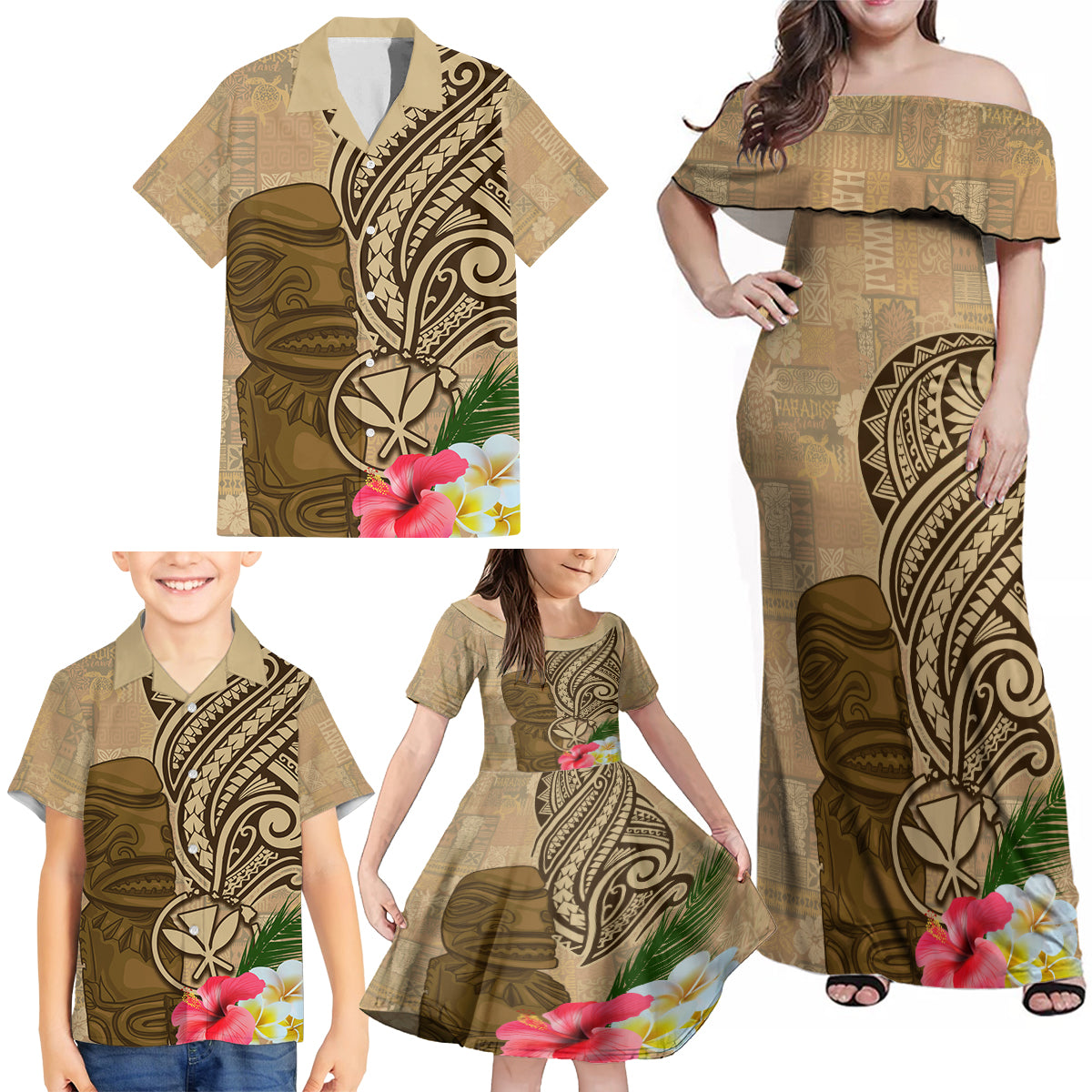 Hawaii Kanaloa Tiki Family Matching Off Shoulder Maxi Dress and Hawaiian Shirt Polynesian Tattoo and Tapa Pattern