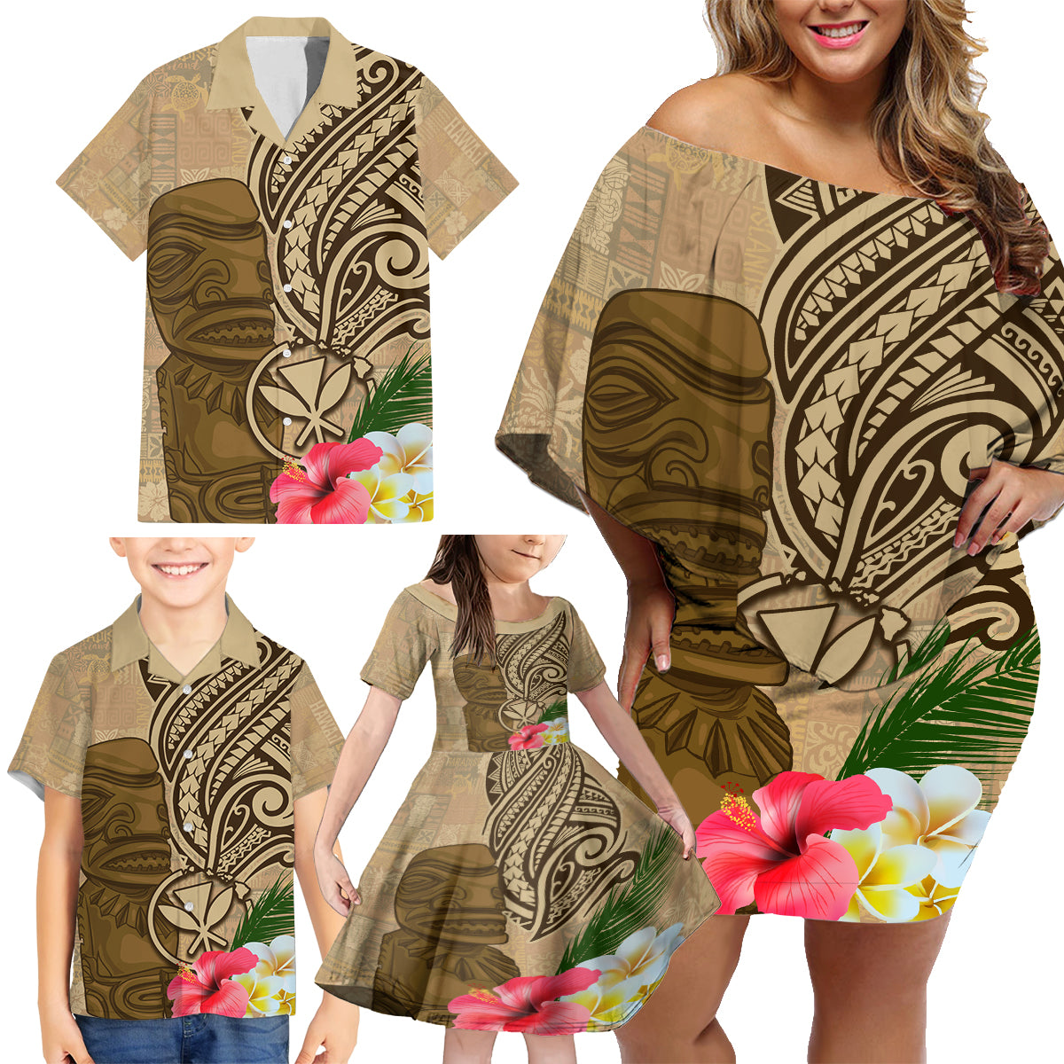 Hawaii Kanaloa Tiki Family Matching Off Shoulder Short Dress and Hawaiian Shirt Polynesian Tattoo and Tapa Pattern