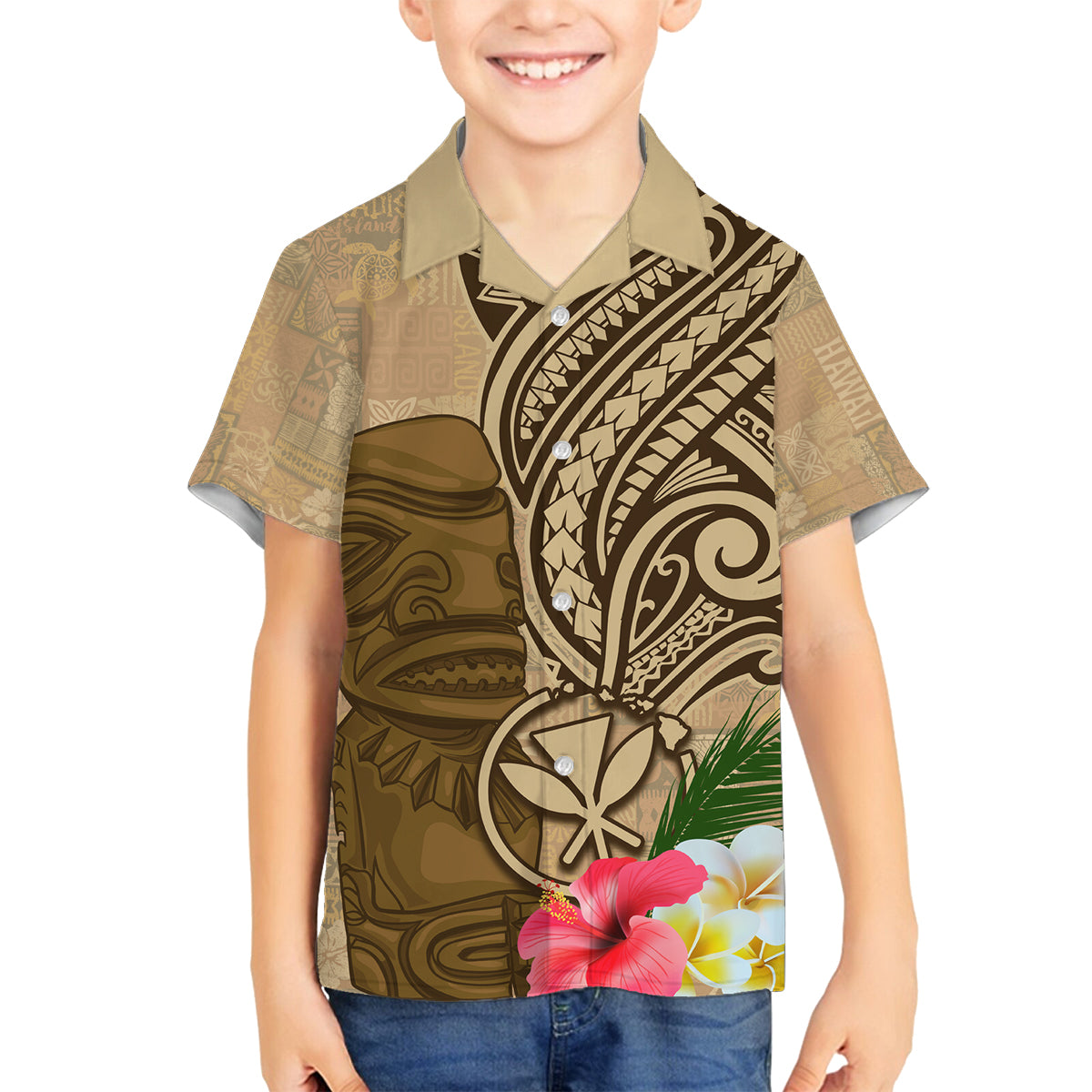 Hawaii Kanaloa Tiki Family Matching Off Shoulder Short Dress and Hawaiian Shirt Polynesian Tattoo and Tapa Pattern