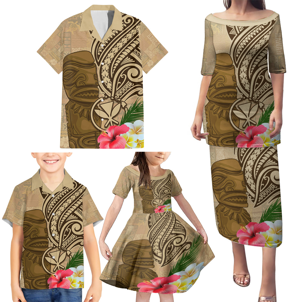 Hawaii Kanaloa Tiki Family Matching Puletasi and Hawaiian Shirt Polynesian Tattoo and Tapa Pattern