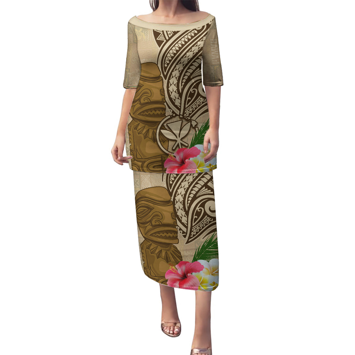 Hawaii Kanaloa Tiki Family Matching Puletasi and Hawaiian Shirt Polynesian Tattoo and Tapa Pattern