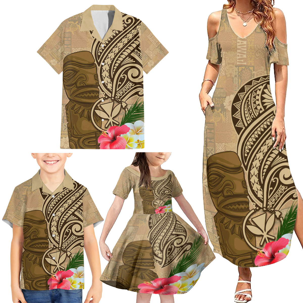 Hawaii Kanaloa Tiki Family Matching Summer Maxi Dress and Hawaiian Shirt Polynesian Tattoo and Tapa Pattern