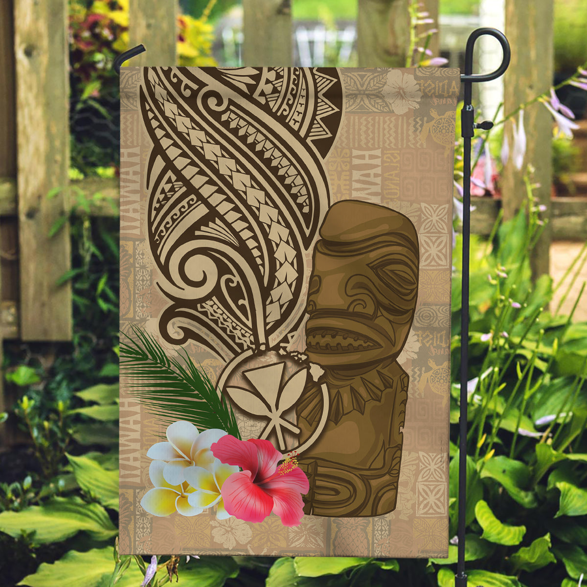 Hawaii Kanaloa Tiki Garden Flag Polynesian Tattoo and Tapa Pattern LT03 Garden Flag Beige - Polynesian Pride
