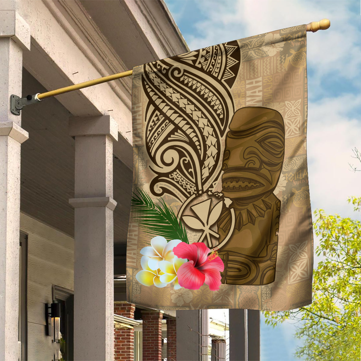 Hawaii Kanaloa Tiki Garden Flag Polynesian Tattoo and Tapa Pattern LT03 House Flag Beige - Polynesian Pride