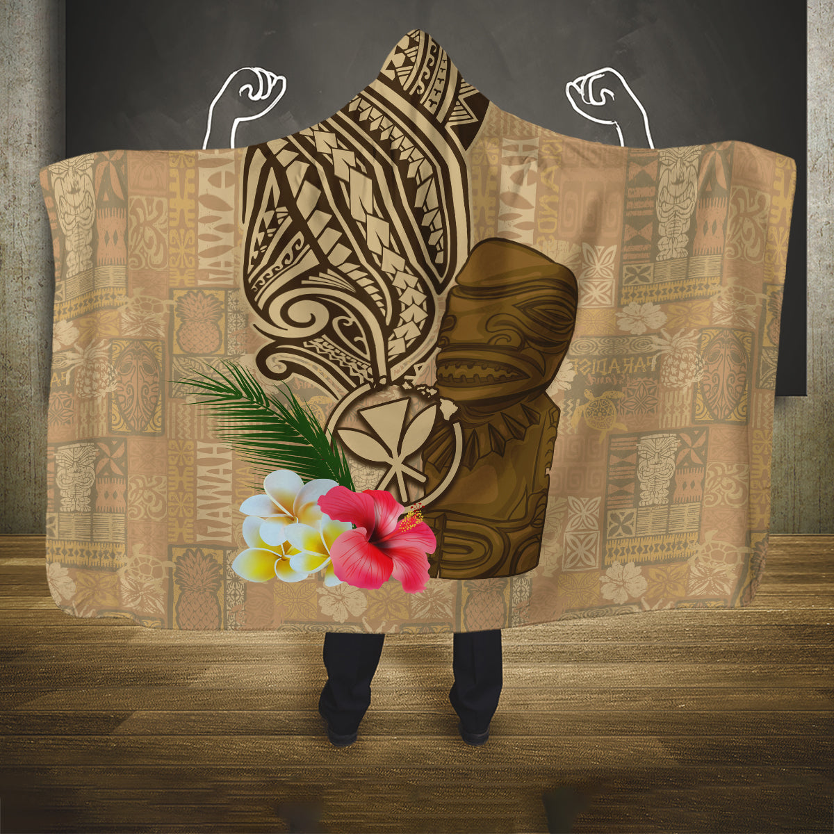 Hawaii Kanaloa Tiki Hooded Blanket Polynesian Tattoo and Tapa Pattern LT03 One Size Beige - Polynesian Pride