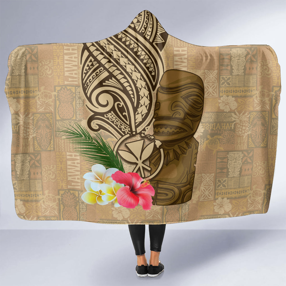 Hawaii Kanaloa Tiki Hooded Blanket Polynesian Tattoo and Tapa Pattern LT03 - Polynesian Pride