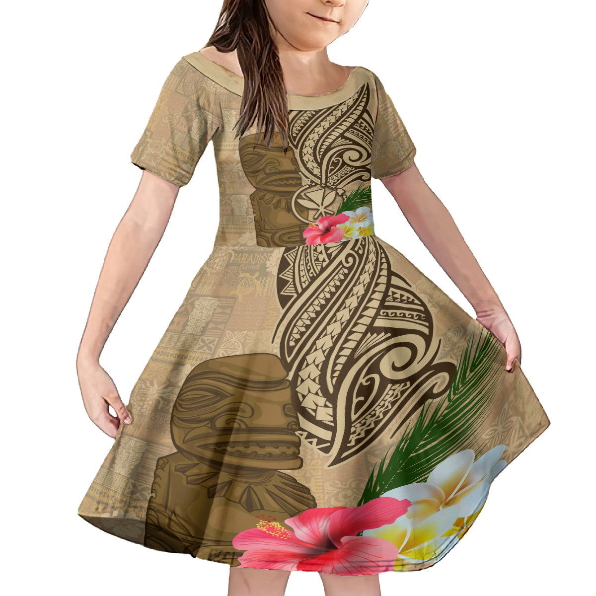 Hawaii Kanaloa Tiki Kid Short Sleeve Dress Polynesian Tattoo and Tapa Pattern LT03 KID Beige - Polynesian Pride