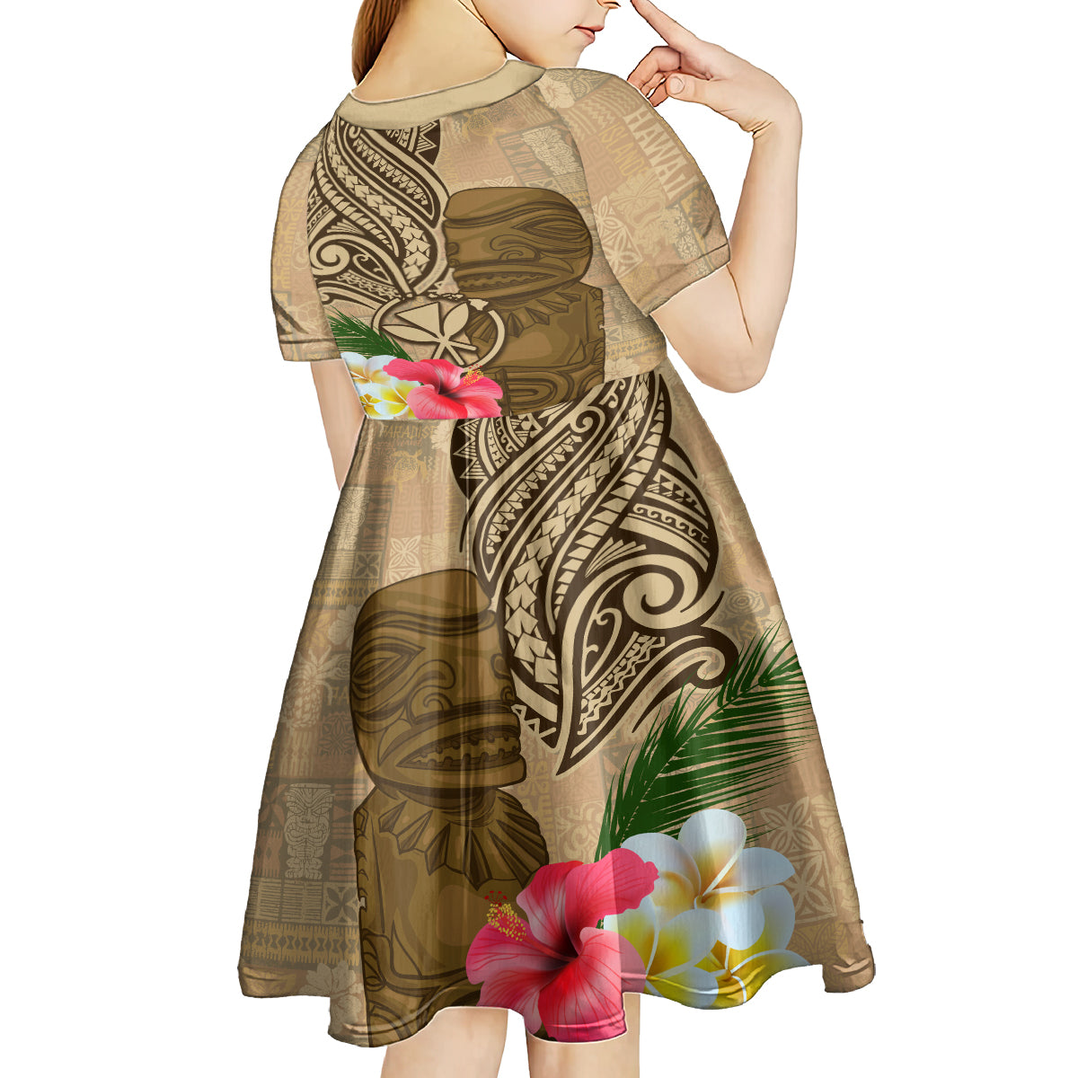 Hawaii Kanaloa Tiki Kid Short Sleeve Dress Polynesian Tattoo and Tapa Pattern LT03 - Polynesian Pride
