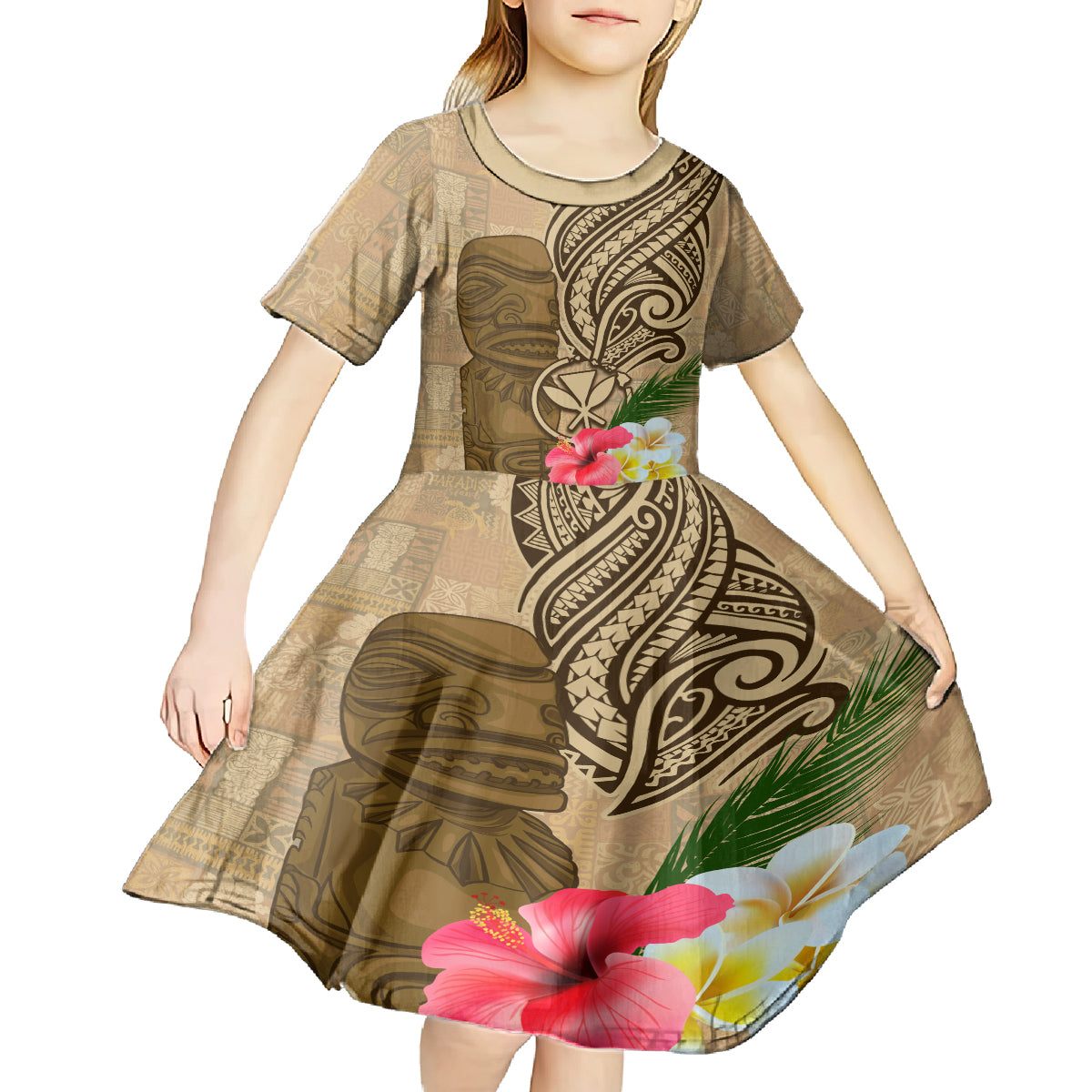 Hawaii Kanaloa Tiki Kid Short Sleeve Dress Polynesian Tattoo and Tapa Pattern LT03 - Polynesian Pride