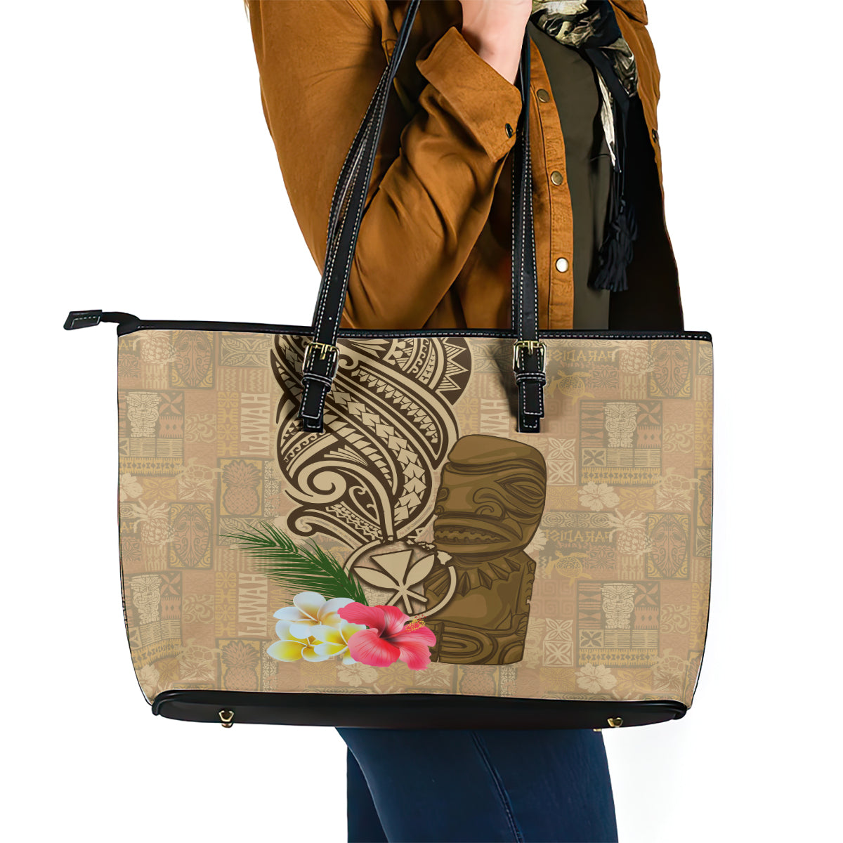 Hawaii Kanaloa Tiki Leather Tote Bag Polynesian Tattoo and Tapa Pattern LT03 - Polynesian Pride