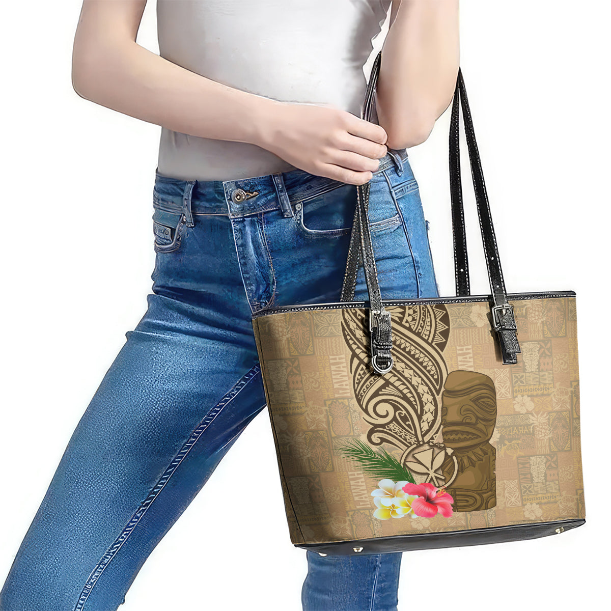Hawaii Kanaloa Tiki Leather Tote Bag Polynesian Tattoo and Tapa Pattern LT03 - Polynesian Pride