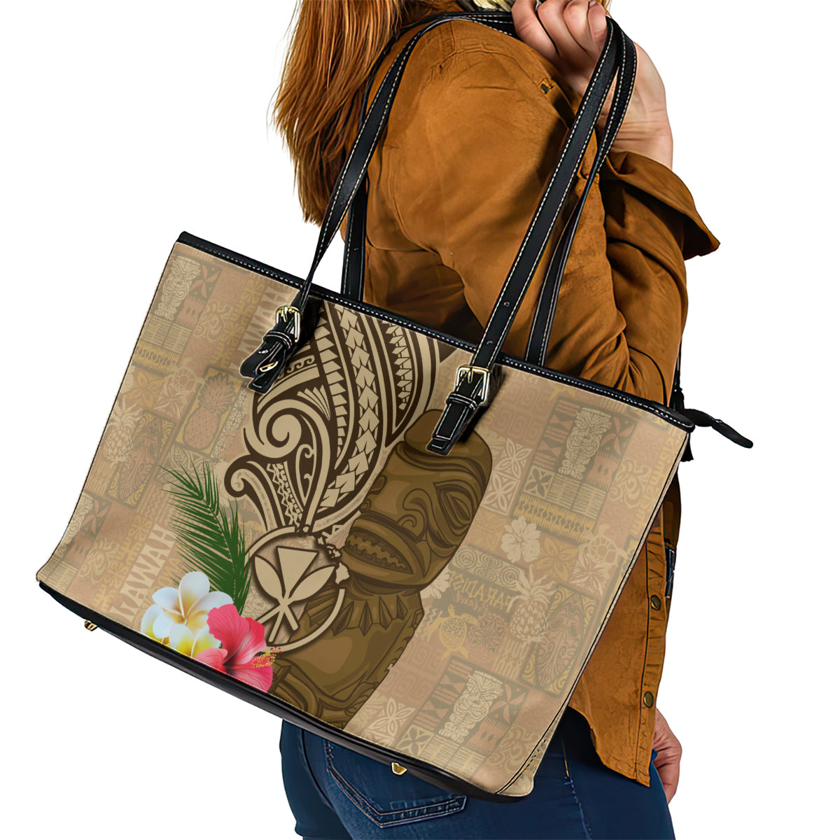 Hawaii Kanaloa Tiki Leather Tote Bag Polynesian Tattoo and Tapa Pattern LT03 - Polynesian Pride