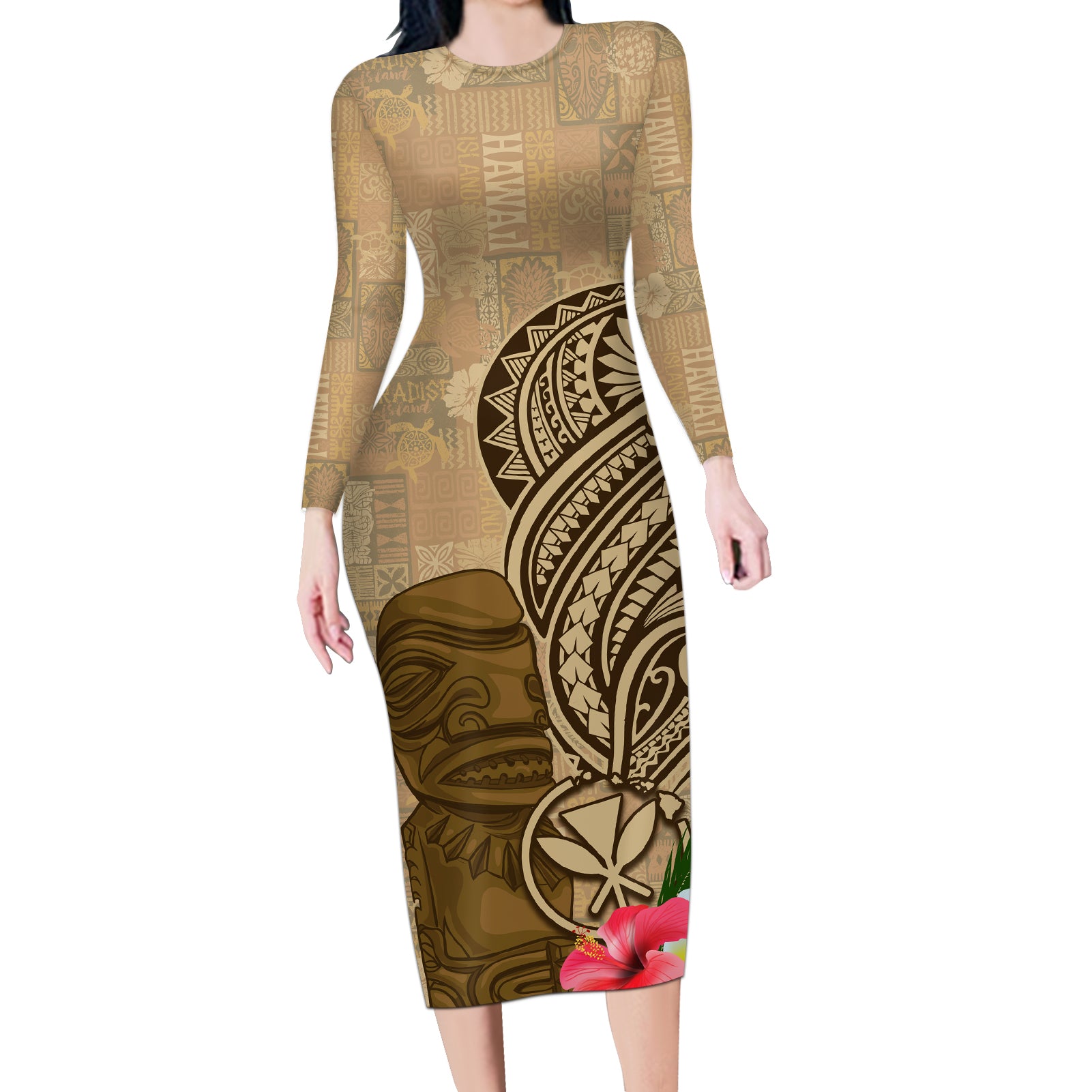 Hawaii Kanaloa Tiki Long Sleeve Bodycon Dress Polynesian Tattoo and Tapa Pattern