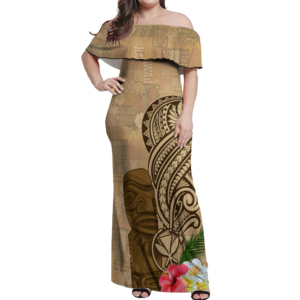 Hawaii Kanaloa Tiki Off Shoulder Maxi Dress Polynesian Tattoo and Tapa Pattern LT03 Women Beige - Polynesian Pride
