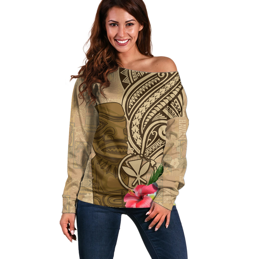 Hawaii Kanaloa Tiki Off Shoulder Sweater Polynesian Tattoo and Tapa Pattern