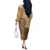 Hawaii Kanaloa Tiki Off The Shoulder Long Sleeve Dress Polynesian Tattoo and Tapa Pattern