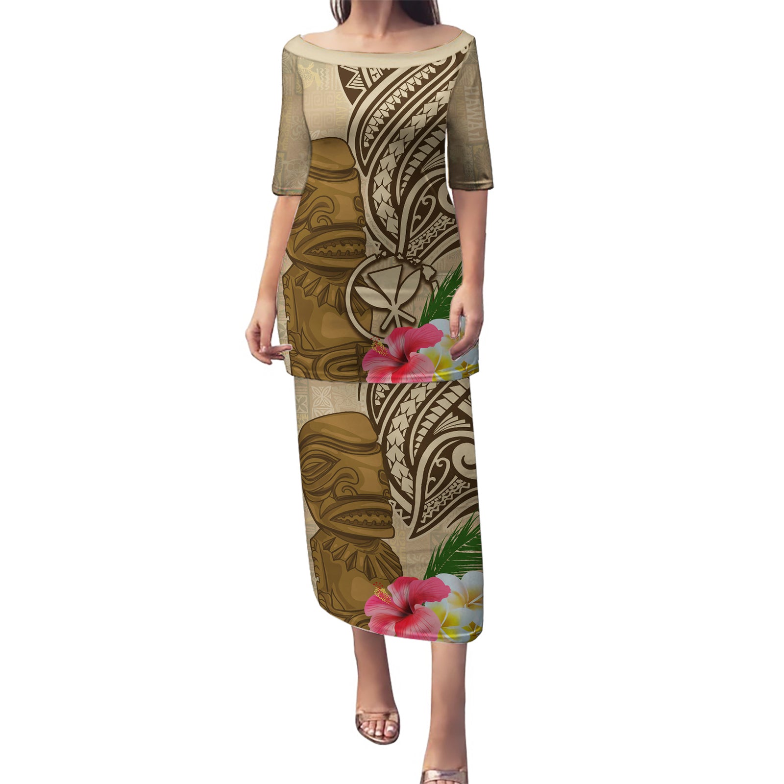 Hawaii Kanaloa Tiki Puletasi Polynesian Tattoo and Tapa Pattern LT03 Long Dress Beige - Polynesian Pride
