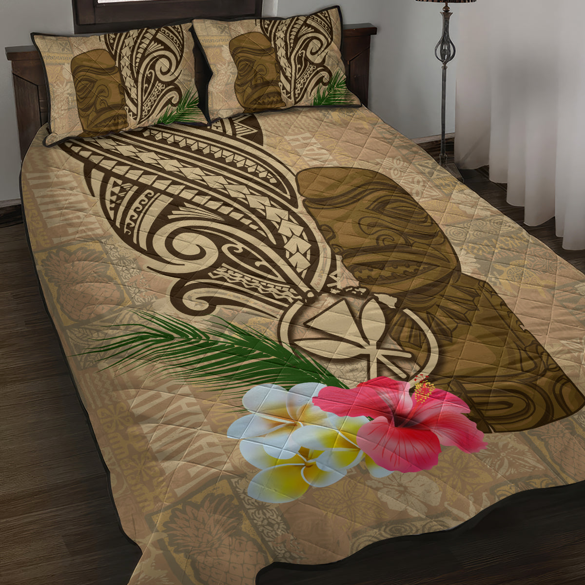 Hawaii Kanaloa Tiki Quilt Bed Set Polynesian Tattoo and Tapa Pattern LT03 Beige - Polynesian Pride
