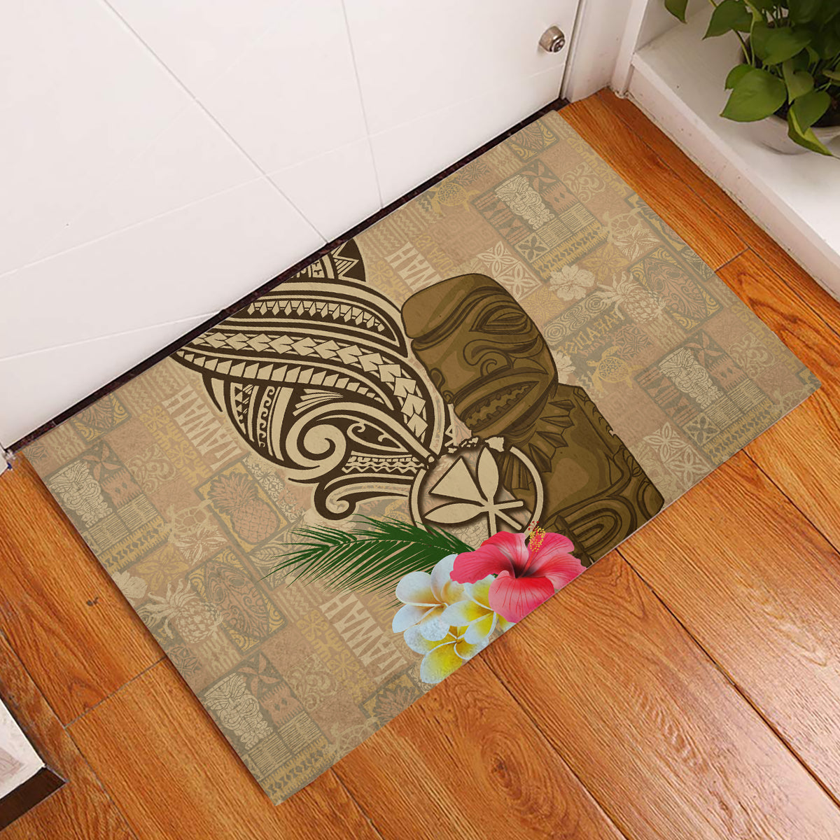 Hawaii Kanaloa Tiki Rubber Doormat Polynesian Tattoo and Tapa Pattern