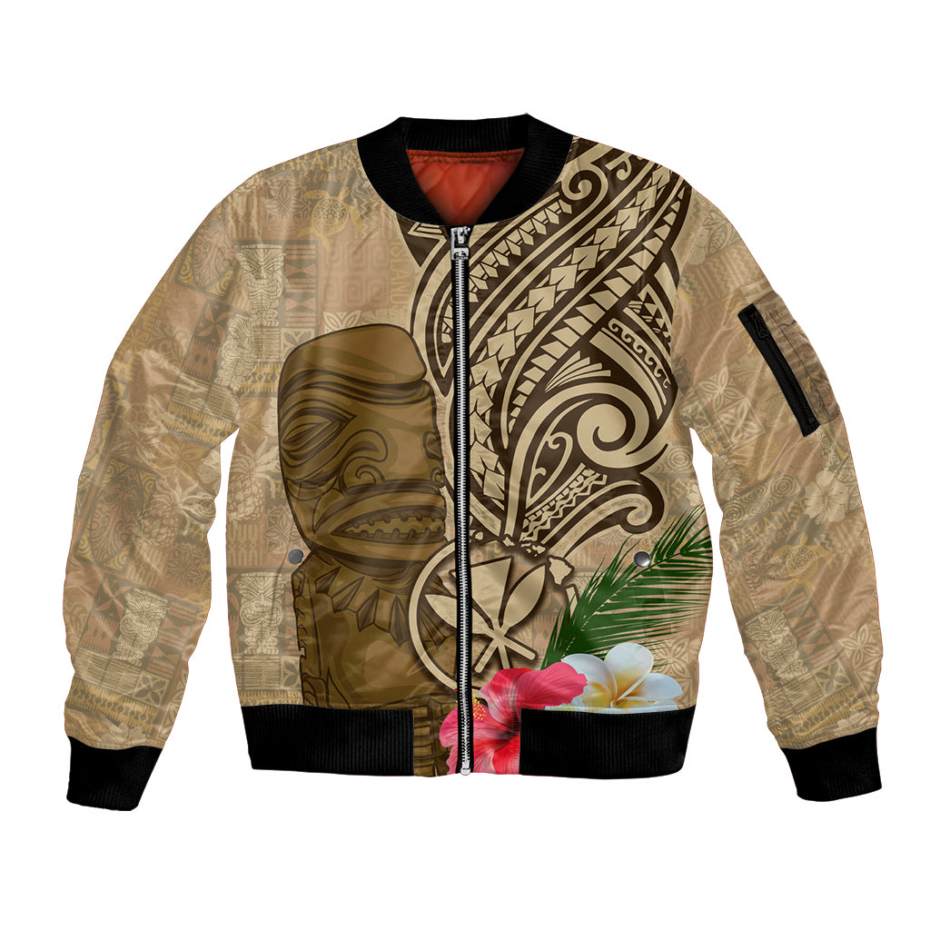 Hawaii Kanaloa Tiki Sleeve Zip Bomber Jacket Polynesian Tattoo and Tapa Pattern LT03 Unisex Beige - Polynesian Pride