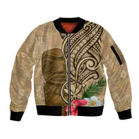 Hawaii Kanaloa Tiki Sleeve Zip Bomber Jacket Polynesian Tattoo and Tapa Pattern LT03 Unisex Beige - Polynesian Pride