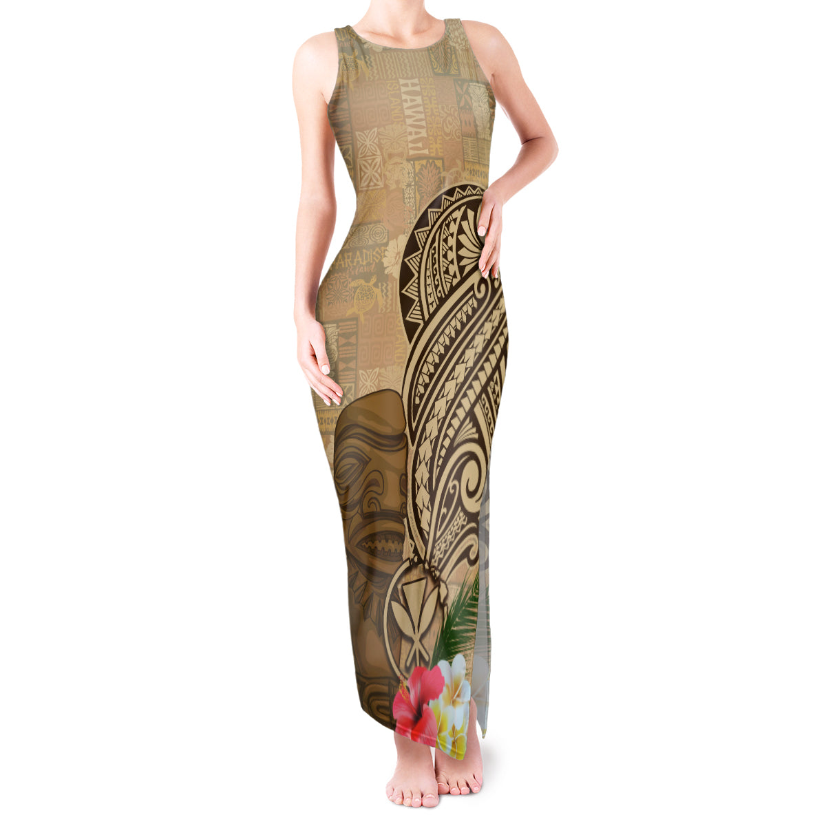 Hawaii Kanaloa Tiki Tank Maxi Dress Polynesian Tattoo and Tapa Pattern