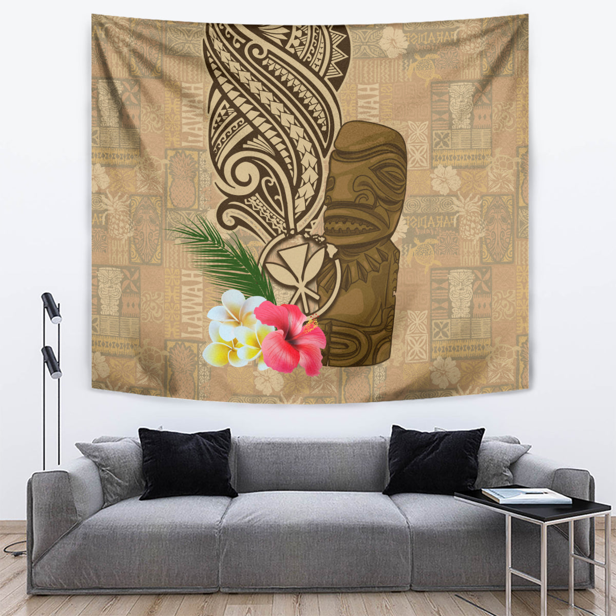 Hawaii Kanaloa Tiki Tapestry Polynesian Tattoo and Tapa Pattern LT03 Beige - Polynesian Pride