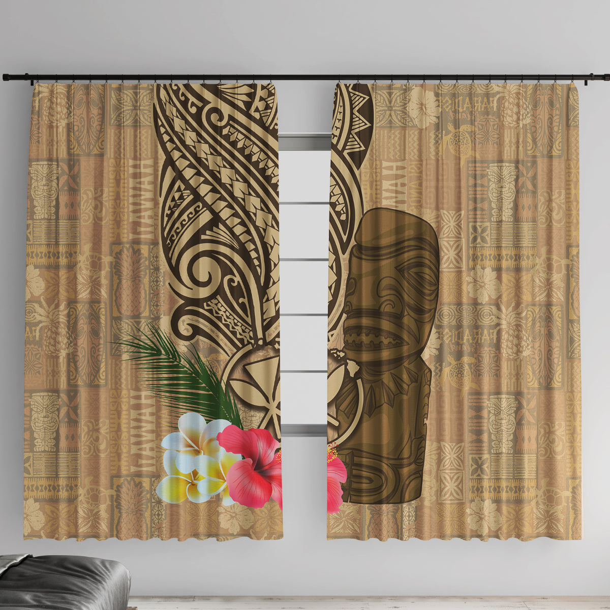 Hawaii Kanaloa Tiki Window Curtain Polynesian Tattoo and Tapa Pattern LT03 With Hooks Beige - Polynesian Pride