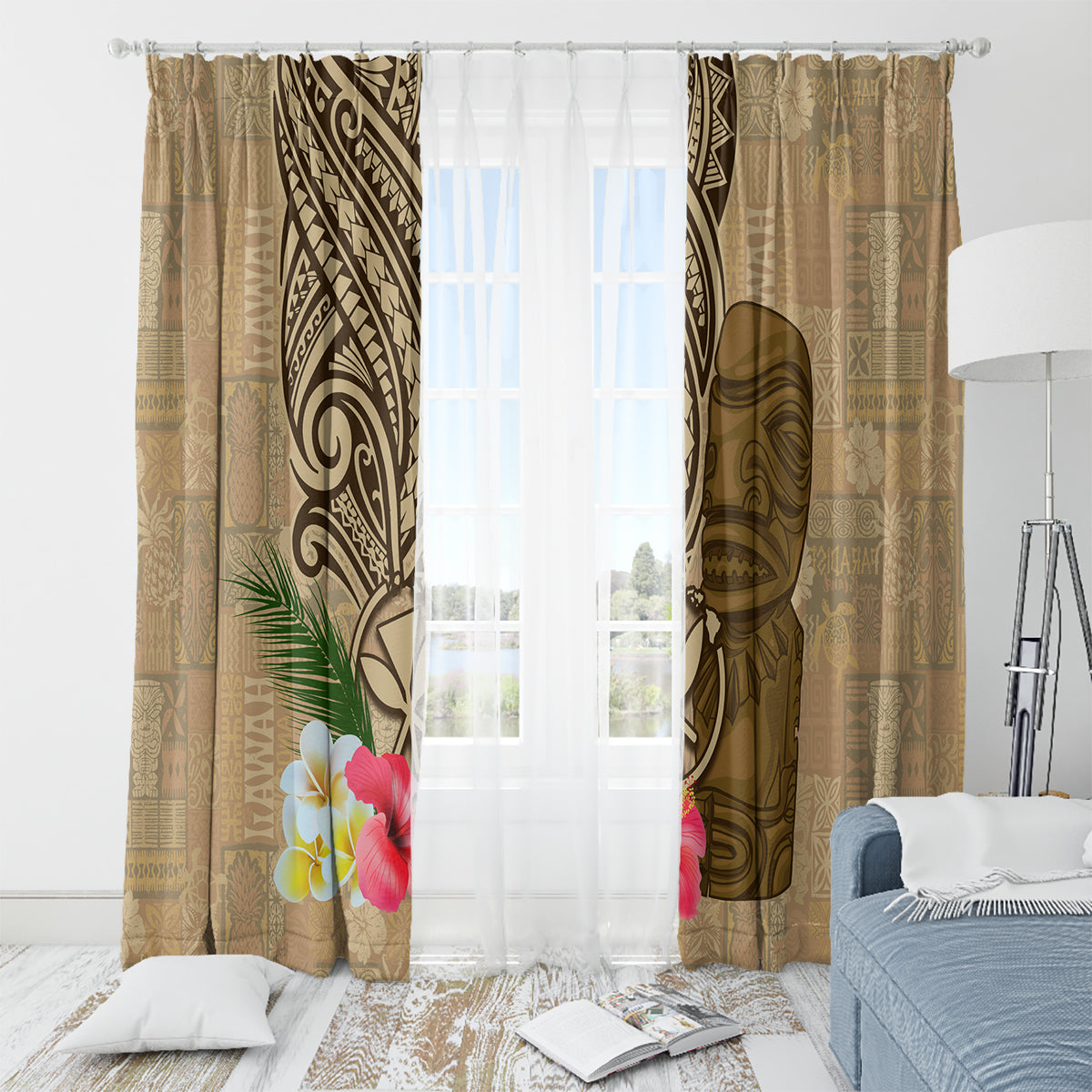 Hawaii Kanaloa Tiki Window Curtain Polynesian Tattoo and Tapa Pattern LT03 - Polynesian Pride