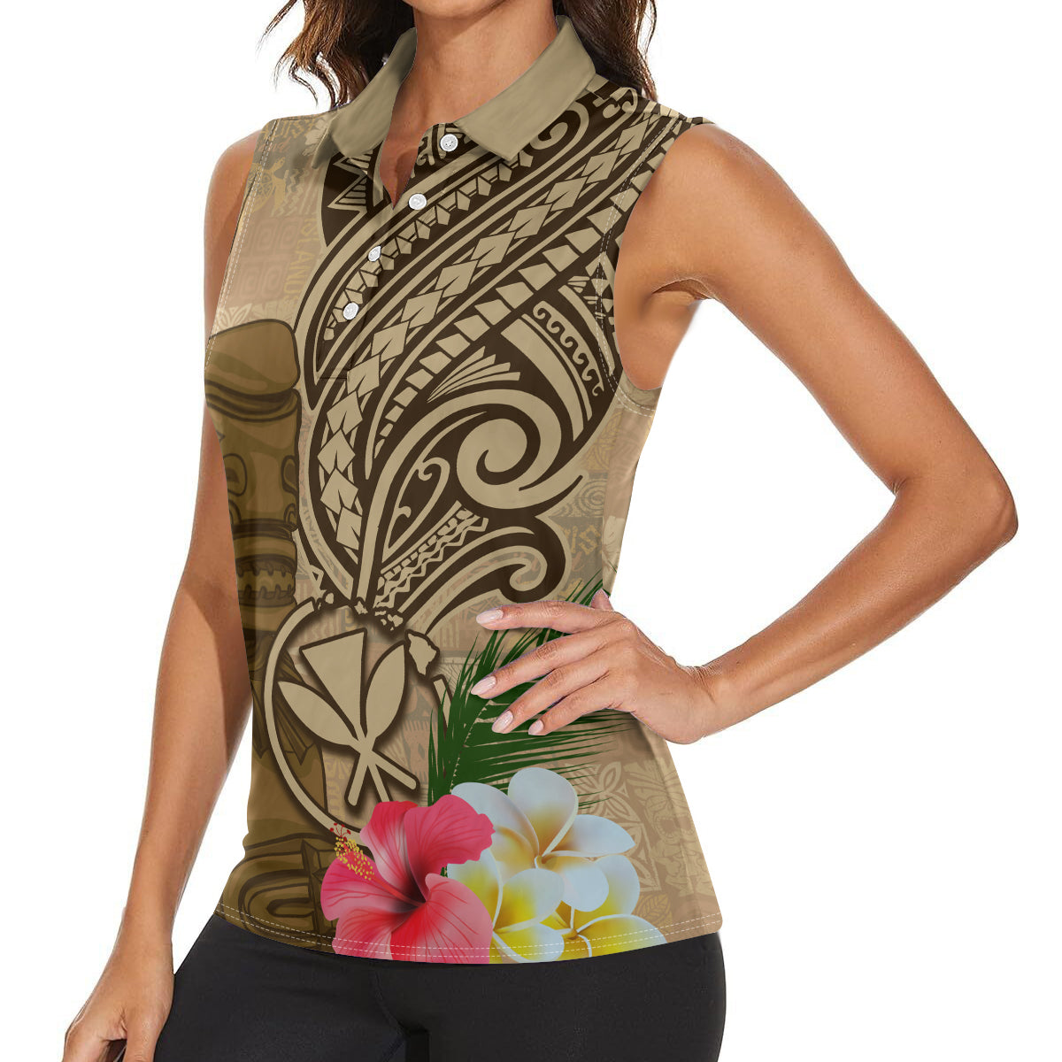 Hawaii Kanaloa Tiki Women Sleeveless Polo Shirt Polynesian Tattoo and Tapa Pattern