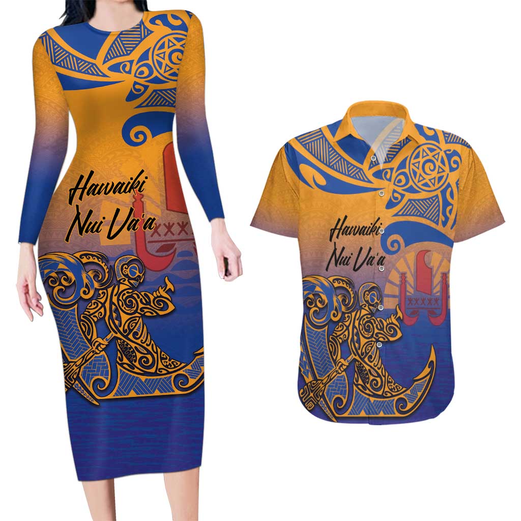 Hawaiki Nui Va'a Solo French Polynesia Couples Matching Long Sleeve Bodycon Dress and Hawaiian Shirt Sunset Color