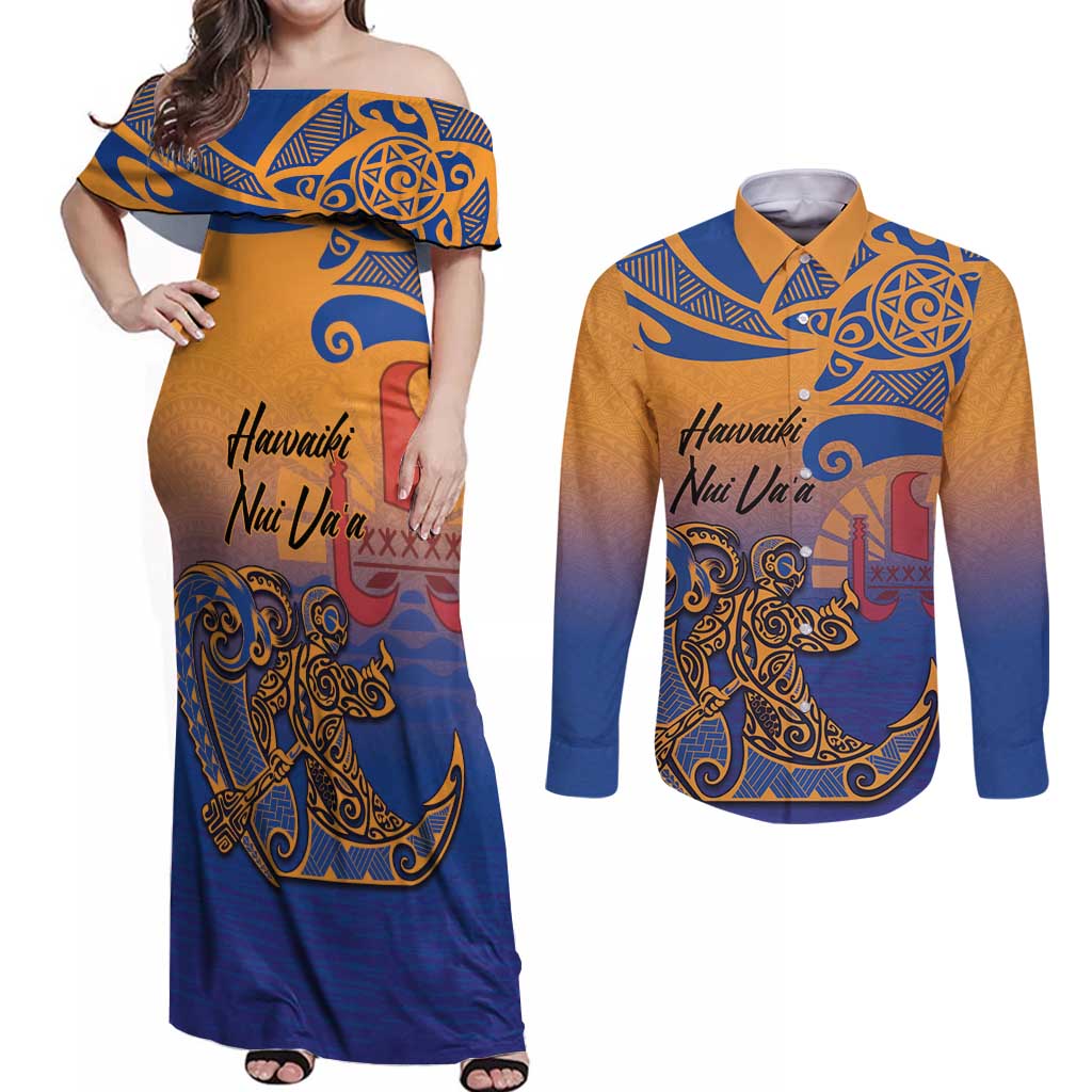 Hawaiki Nui Va'a Solo French Polynesia Couples Matching Off Shoulder Maxi Dress and Long Sleeve Button Shirt Sunset Color