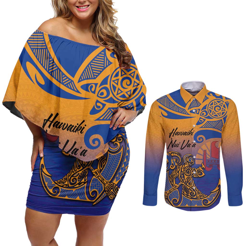 Hawaiki Nui Va'a Solo French Polynesia Couples Matching Off Shoulder Short Dress and Long Sleeve Button Shirt Sunset Color