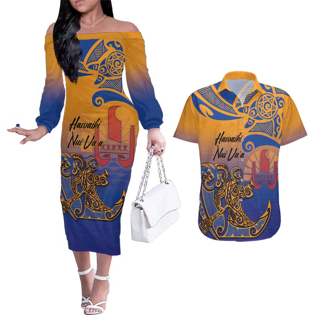 Hawaiki Nui Va'a Solo French Polynesia Couples Matching Off The Shoulder Long Sleeve Dress and Hawaiian Shirt Sunset Color