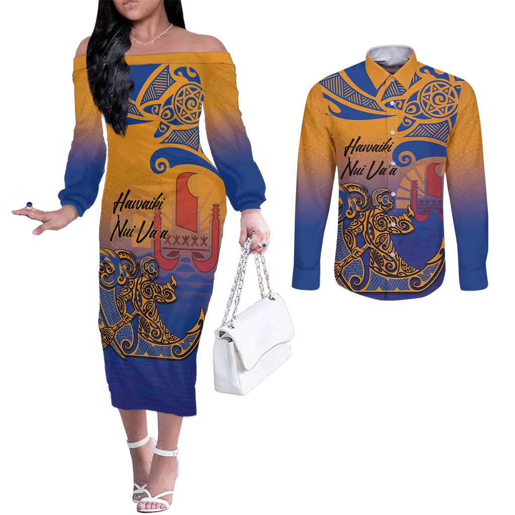 Hawaiki Nui Va'a Solo French Polynesia Couples Matching Off The Shoulder Long Sleeve Dress and Long Sleeve Button Shirt Sunset Color