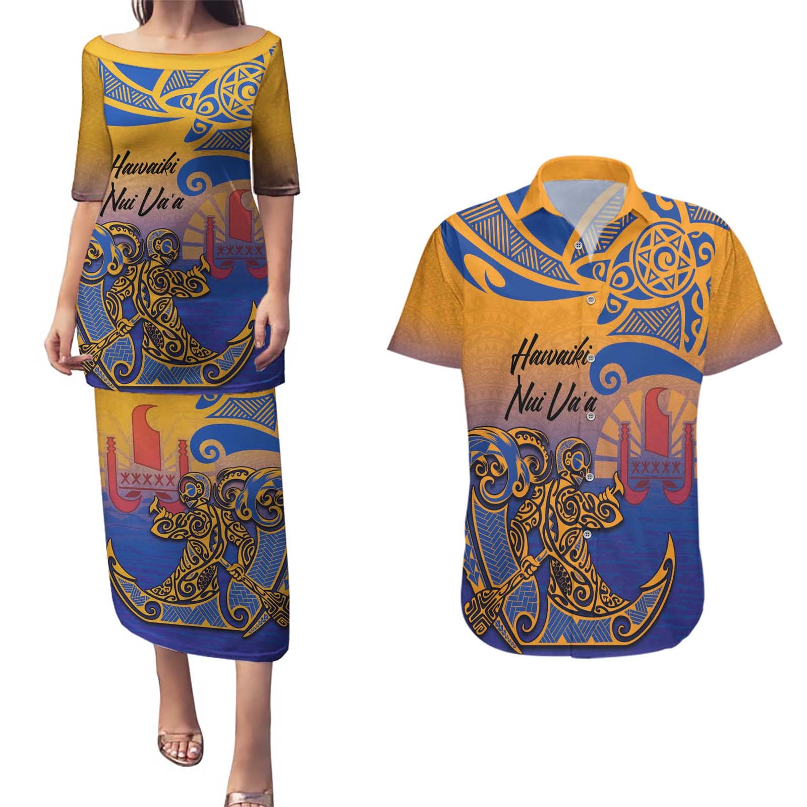 Hawaiki Nui Va'a Solo French Polynesia Couples Matching Puletasi and Hawaiian Shirt Sunset Color LT03 Yellow - Polynesian Pride
