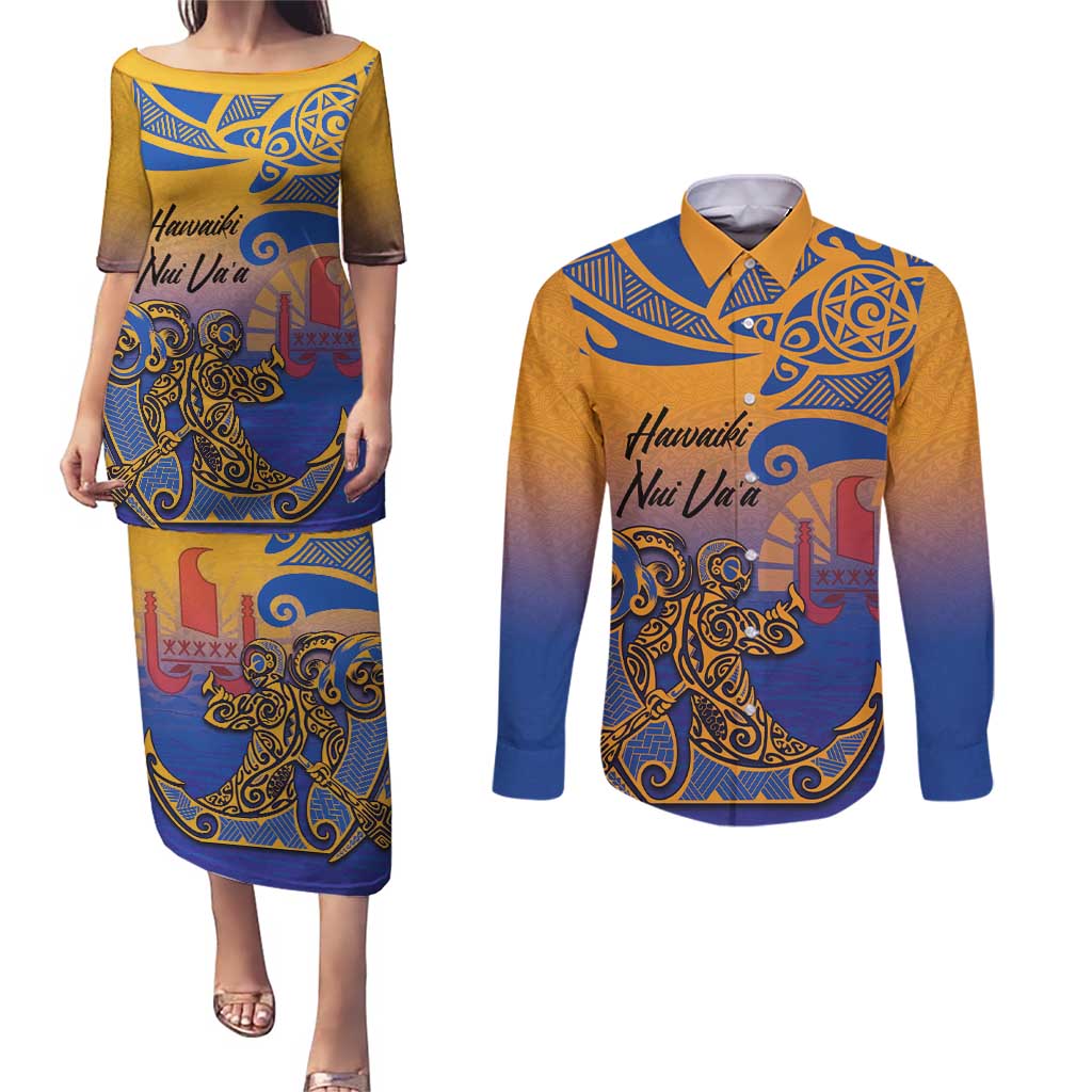 Hawaiki Nui Va'a Solo French Polynesia Couples Matching Puletasi and Long Sleeve Button Shirt Sunset Color