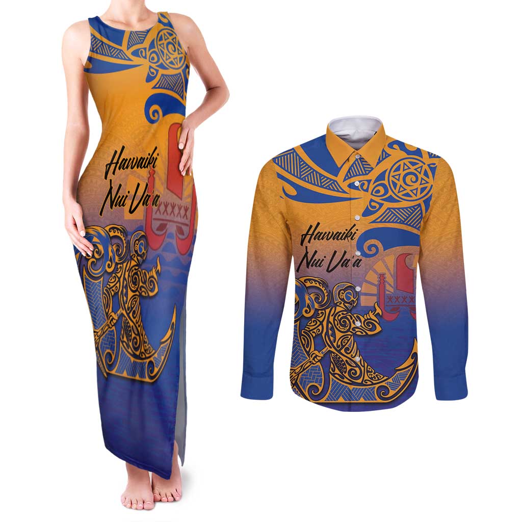 Hawaiki Nui Va'a Solo French Polynesia Couples Matching Tank Maxi Dress and Long Sleeve Button Shirt Sunset Color